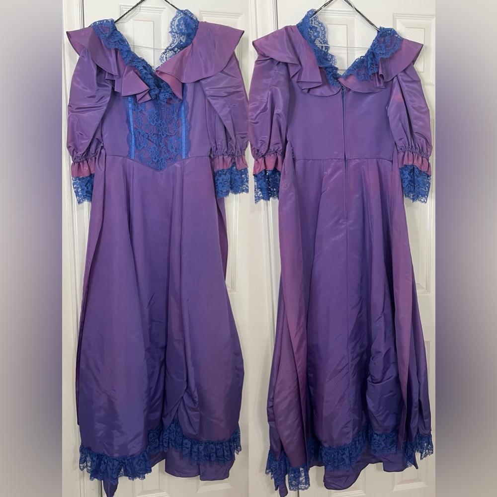 Vintage 1980s Ruffle Lace Purple Blue Prom Dress